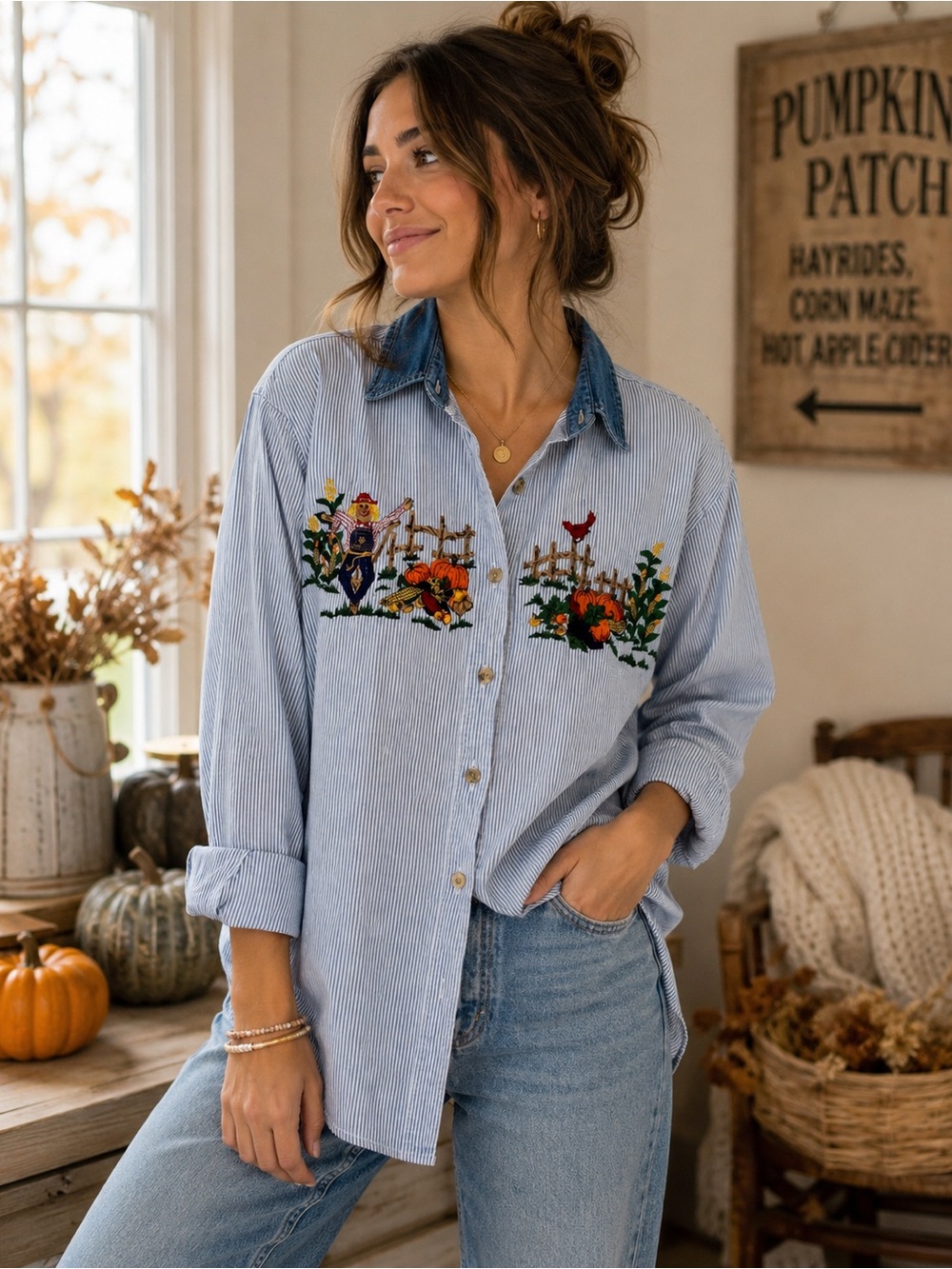 Vintage Solutions Original 90s Y2K Embroidered Fall Harvest Pumpkin Farm M